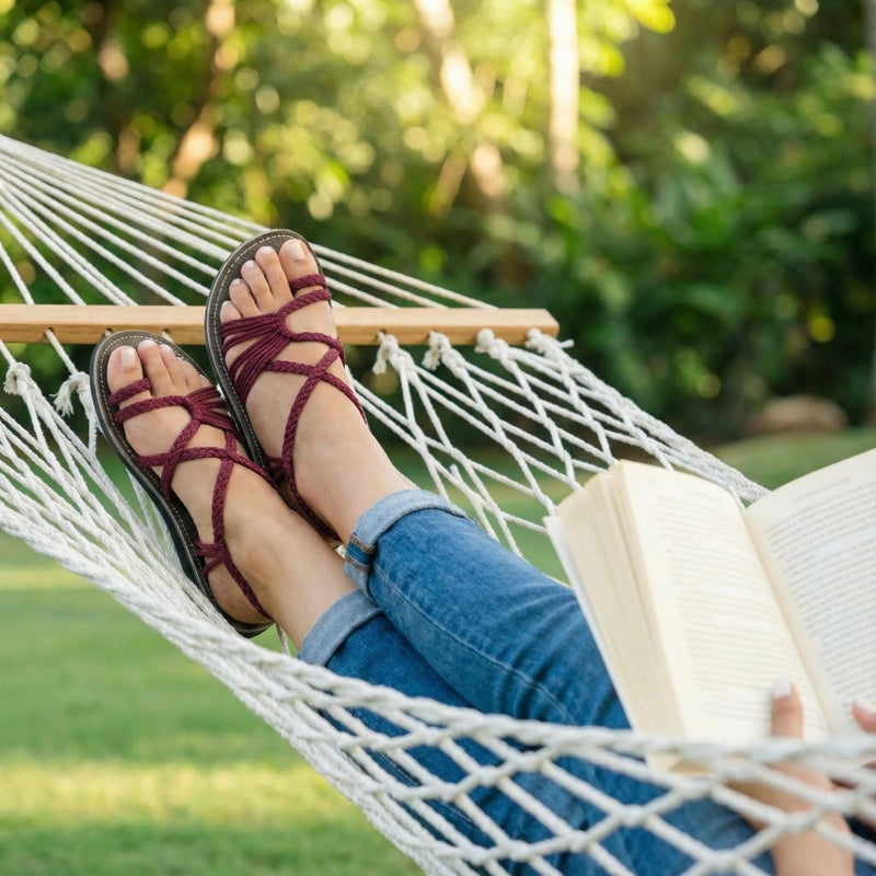 Plaka Palm Leaf Flat Summer Sandals for Women | Perfect for the Beach Walking & Dressy Occasions | Sangria | Size 8 - Image 5